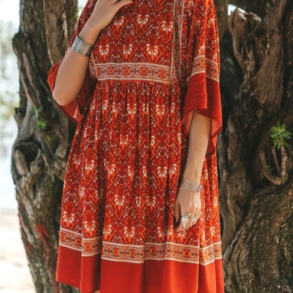 Shop Fig For love bell XL Boho floral summer Gypsy tunic dress red orange